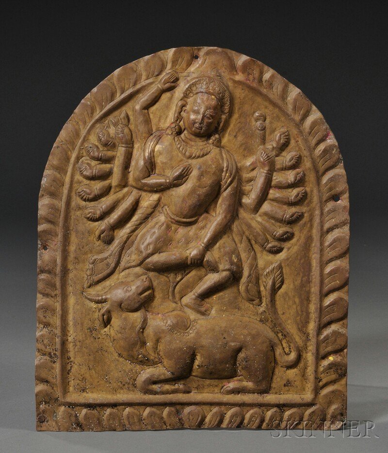 Repousse Plaque, Nepal, 18th/19th century, depictin: Repousse Plaque, Nepal, 18th/19th century, depicting Durga in the Mahishasuramardini manifestation, ht. 11 1/2 in.