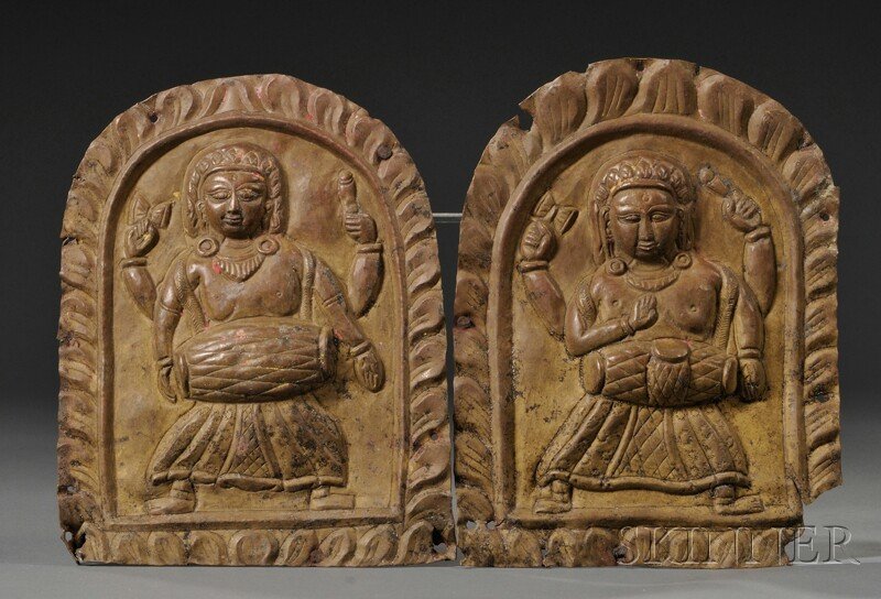 Pair of Repousse Plaques, Nepal, 18th/19th century,: Pair of Repousse Plaques, Nepal, 18th/19th century, each depicting a figure dancing and playing various instruments, ht. 8 3/4 in.
