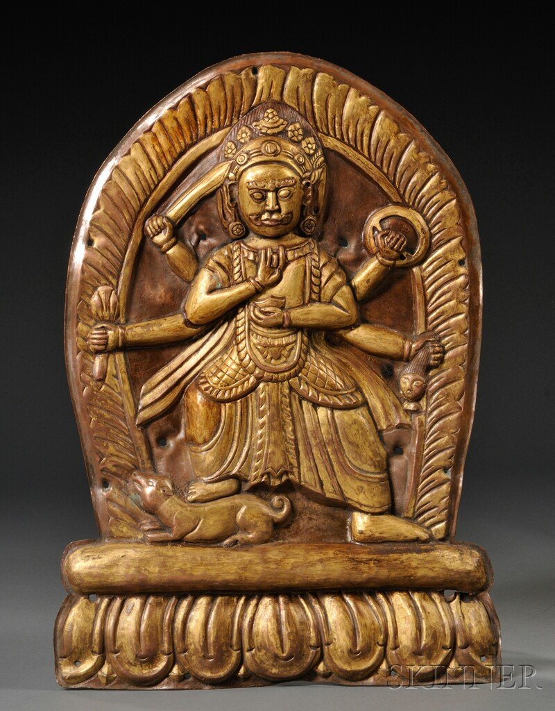 Repousse Gilt-metal Plaque, Nepal, late 20th centur: Repousse Gilt-metal Plaque, Nepal, late 20th century, depicting the six-armed goddess Kali, ht. 17 3/4 in.
