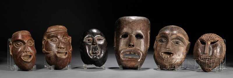 Six Carved Wood Masks, Nepal, 20th century, lg. to: Six Carved Wood Masks, Nepal, 20th century, lg. to 11 1/2 in.
