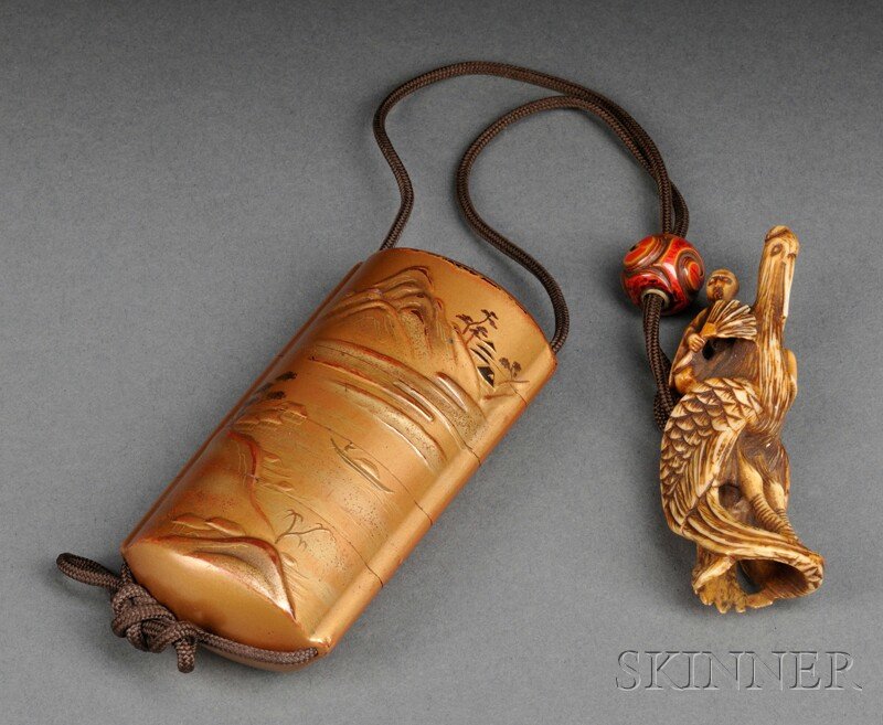 Netsuke, Ojime, and Inro, Japan, the carved ivory n: Netsuke, Ojime, and Inro, Japan, the carved ivory netsuke depicting a sennin riding a phoenix, the ojime red kamakura-buri lacquer, the five section inro with gold maki-e lacquer landscape d