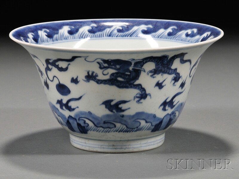Blue and White Bowl, China, deep flared-rim bowl wi: Blue and White Bowl, China, deep flared-rim bowl with underglaze blue decoration of a dragon, pearl, and waves, stylized flower on base, dia. 7 1/2 in.