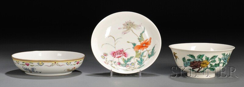 Three Porcelain Items, China, including a bowl dec: Three Porcelain Items, China, including a bowl decorated with butterflies and peonies, mark on base, dia. 5 3/4, a plate with a shou character at the interior well, the exterior with bats holding the 
