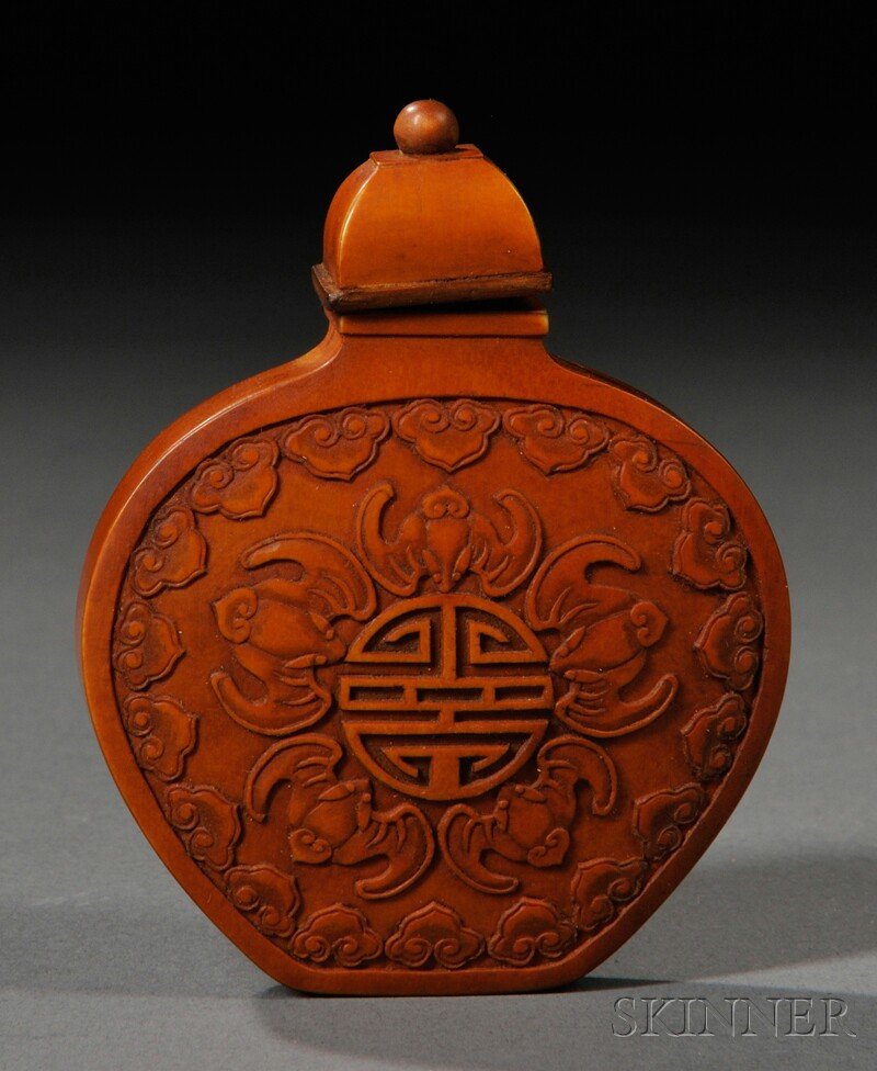 Wooden Snuff Bottle, China, depicting shou and bat: Wooden Snuff Bottle, China, depicting shou and bats at both sides, lg. 2 3/4 in.