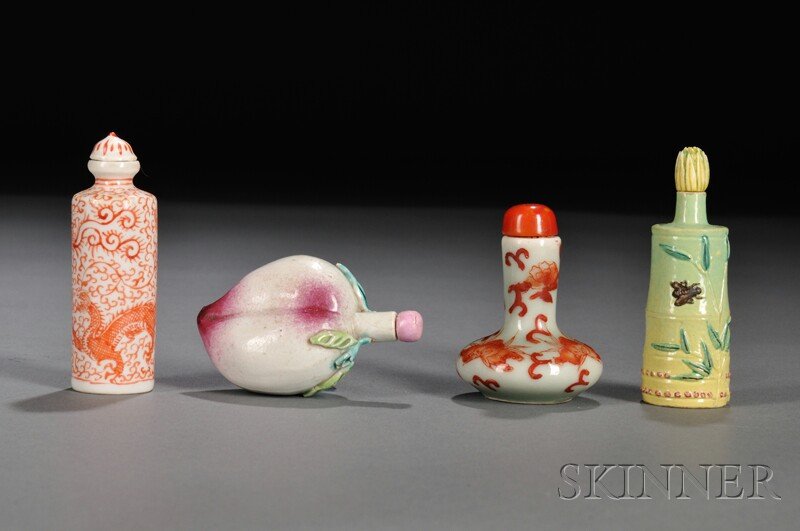 Four Porcelain Snuff Bottles, China, one in the fo: Four Porcelain Snuff Bottles, China, one in the form of a peach, lg. 2 1/2, one cylindrical, painted in iron-red with a dragon and a phoenix, mark on base, ht. 2 3/4, one in the form of a bamboo shoot
