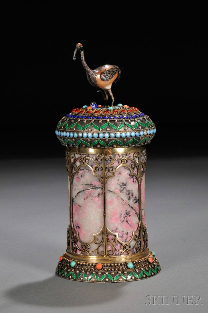 Filigree and Quartz Covered Box, China, made for e: Filigree and Quartz Covered Box, China, made for export, cylindrical, the mottled pink stone container set in a filigree mount, with splayed foot and dome-shaped top inlaid with glass and hardstone, t