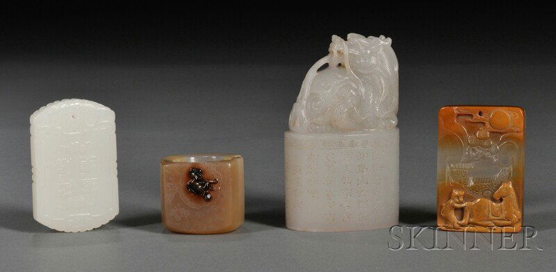 Four Stone Items, China, a jade plaque, engraved ": Four Stone Items, China, a jade plaque, engraved "Wan Shi Ru Yi," lg. 2, an agate ring with a monkey, dia. 1 1/2, an agate plaque depicting a horse and a monkey, lg. 2, and a hardstone seal surmounted