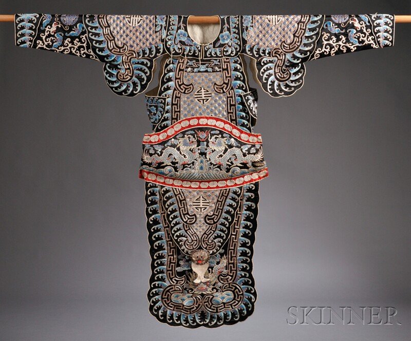 Theatrical Robe, China, in the form of a military: Theatrical Robe, China, in the form of a military garb, embroidered with dragons, bats, waves, and the shou character.