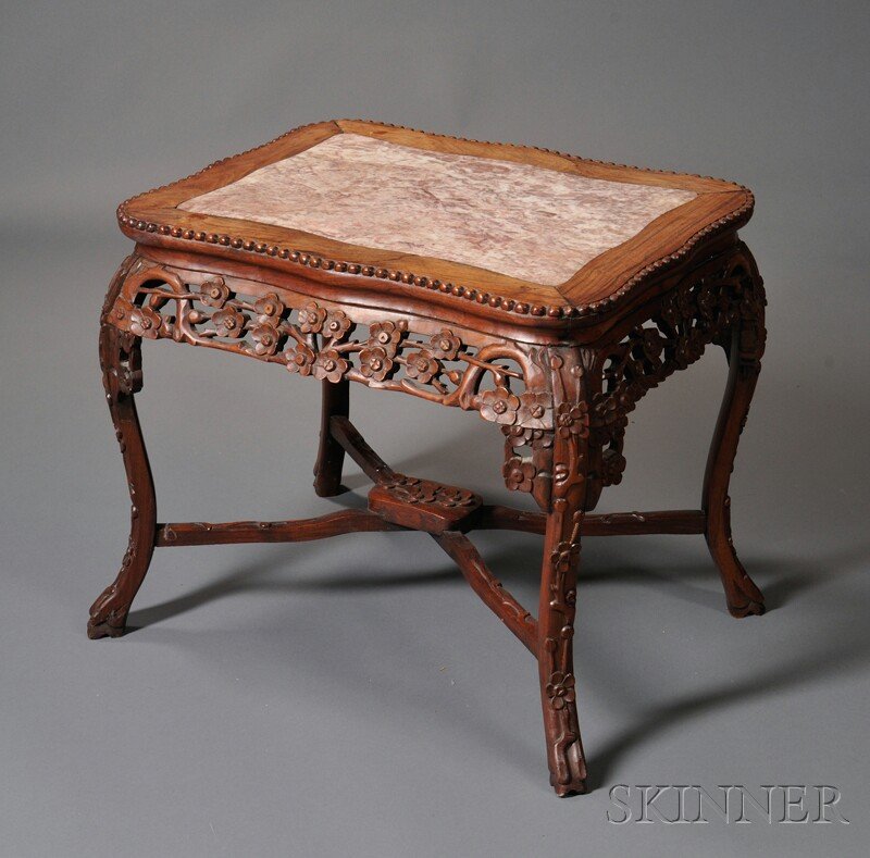 Carved Hardwood Stand, China, lobed rectangular to: Carved Hardwood Stand, China, lobed rectangular top inset with marble, above a pierced frieze of plum blossom design, supported by four cabriole legs with hoof feet, 19 x 22 x 16 1/2 in.