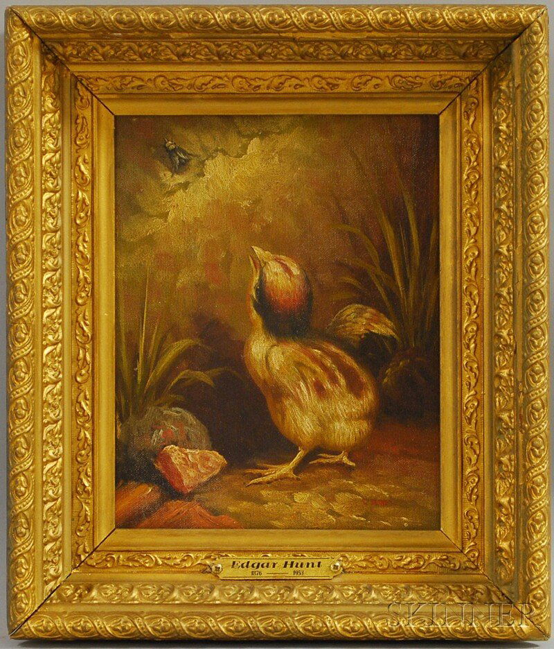 School of Edgar Hunt (British, 1876-1953), Chick Ch: School of Edgar Hunt (British, 1876-1953) Chick Chasing an Insect. Bears signature "E. Hunt" l.r., identified on a presentation plaque. Oil on canvas, 10 x 8 in., framed. Condition: Lined, surface gri