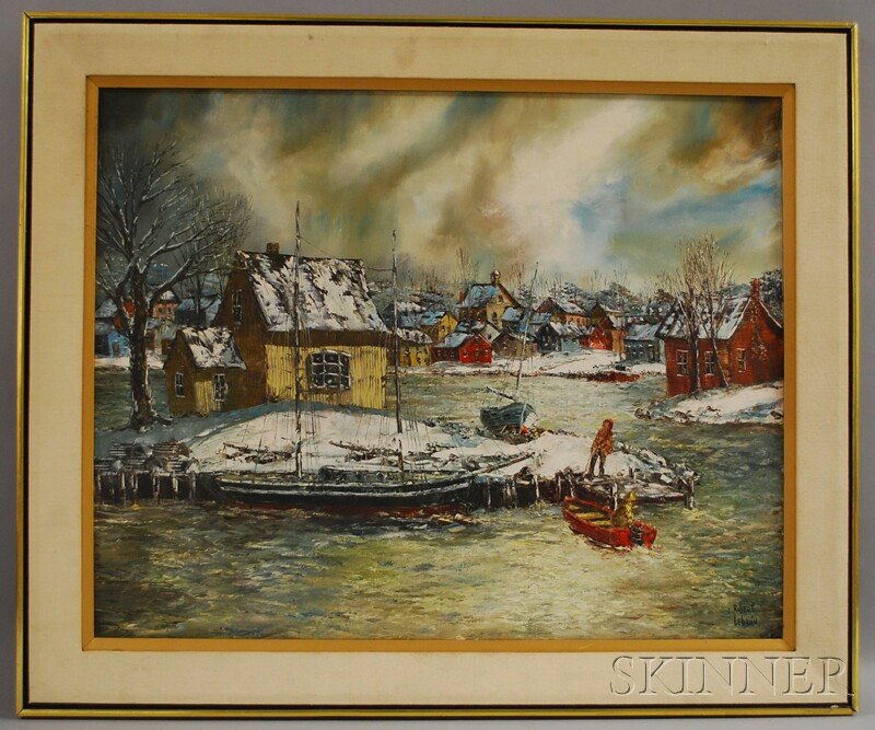 Robert Lebron (American, b. 1928) Snowy Harbor. Sig: Robert Lebron (American, b. 1928) Snowy Harbor. Signed "Robert Lebron" l.r. Oil on canvas, 24 x 30 in., framed. Condition: Scattered stable craquelure, minor surface grime.