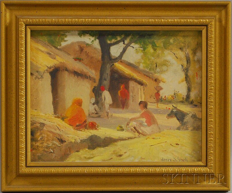 Henry Bayley Snell (American, 1858-1943) Figures in: Henry Bayley Snell (American, 1858-1943) Figures in an Indian Village. Signed "Henry B. Snell" l.r. Oil on canvas panel, sight size 6 1/4 x 8 1/4 in., framed. Condition: Surface grime.