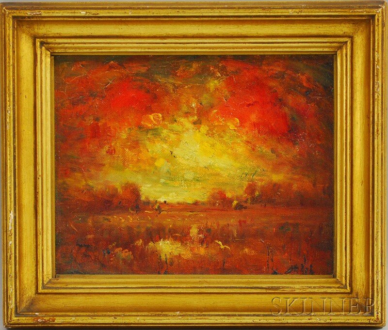 Henry Hammond Ahl (American, 1869-1953) Fiery Sunse: Henry Hammond Ahl (American, 1869-1953) Fiery Sunset. Signed "Ahl" l.r. Oil on canvasboard, 8 1/4 x 10 1/4 in., in a possible Carrig-Rohane frame. Condition: Surface grime.