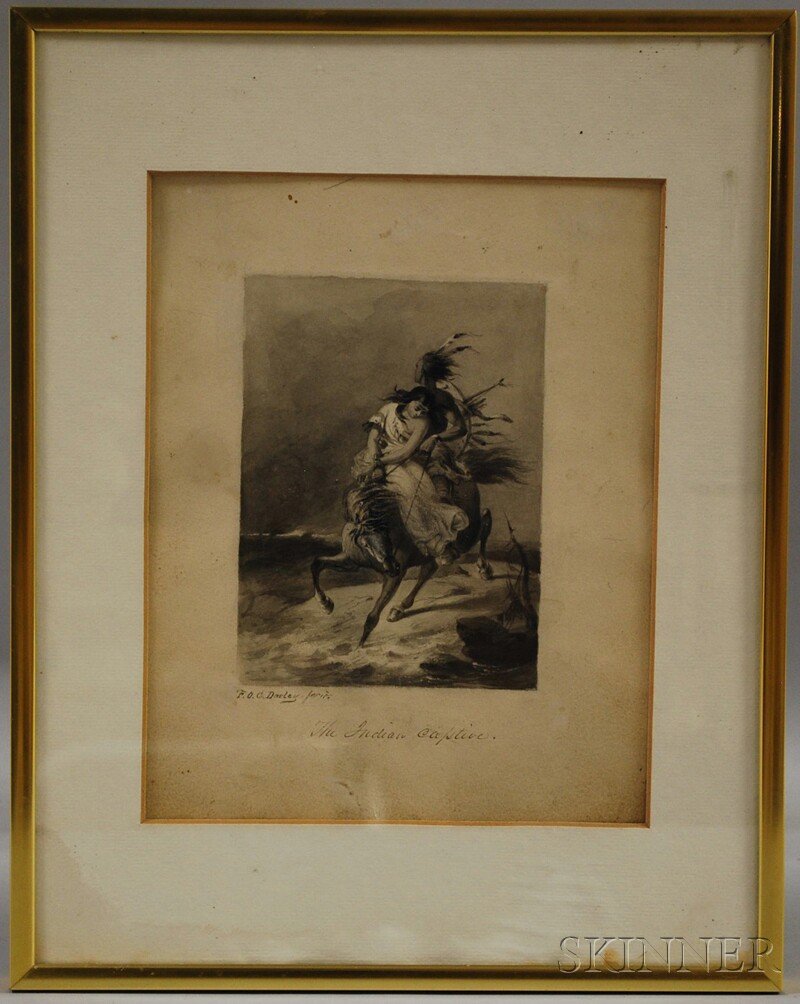 Felix Octavius Carr Darley (American, 1822-1888) Th: Felix Octavius Carr Darley (American, 1822-1888) The Indian Captive. Signed "F.O.C. Darley - fecit" l.l. in ink. Ink drawing on paper, image size 6 x 4 1/2 in., framed. Condition: Mat burn, surf