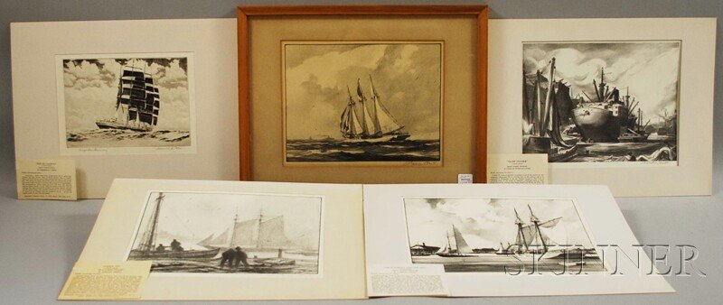 Five Works: Gordon Grant (American, 1875-1962), F: Five Works: Gordon Grant (American, 1875-1962), Fore and Aft, Harbor Fog, and The Butterfly and The Ant, each signed "Gordon Grant" l.r., lithographs; Frederick L. Owen (Ame
