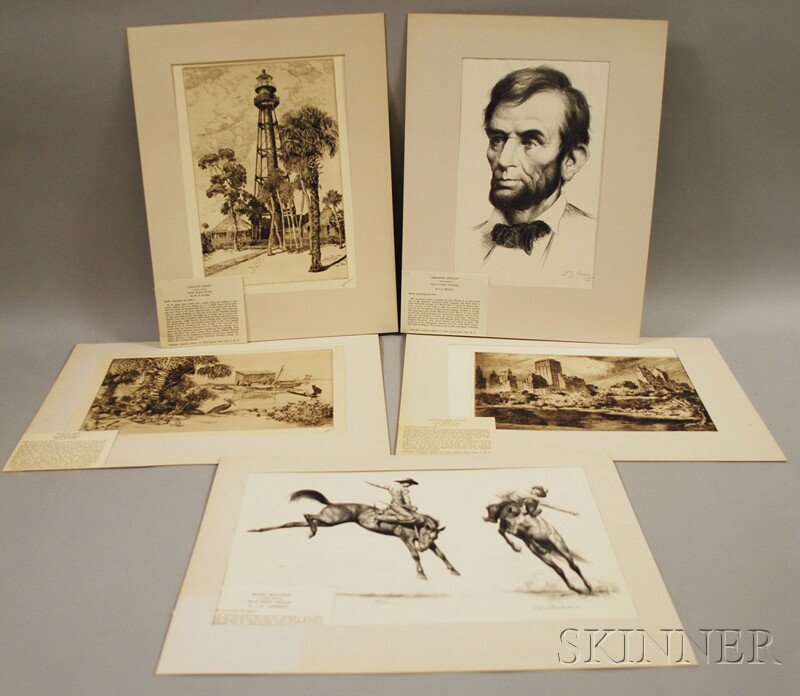 Five Works: Walter Ronald Locke (American, b. 188: Five Works: Walter Ronald Locke (American, b. 1883), Pelican Key and Anclote Light, signed "W. R. Locke" l.r., etchings; Samuel Johnson Woolf (American, 1880-1948), Abraham Lincoln<