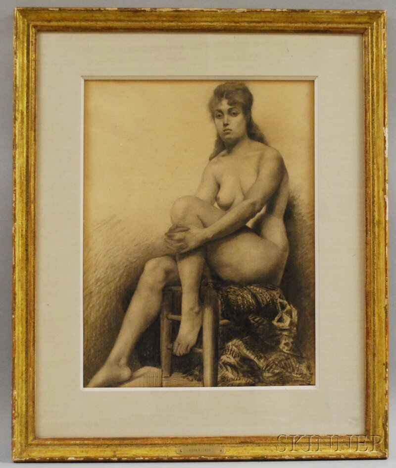 Ralph Wormeley Curtis (American, 1854-1922) Nude -: Ralph Wormeley Curtis (American, 1854-1922) Nude - Knee in Hand. Unsigned, identified on a label from Hirschl and Adler Galleries, New York. Charcoal drawing on paper, sight size 19 1/4 x 14 1/2 i