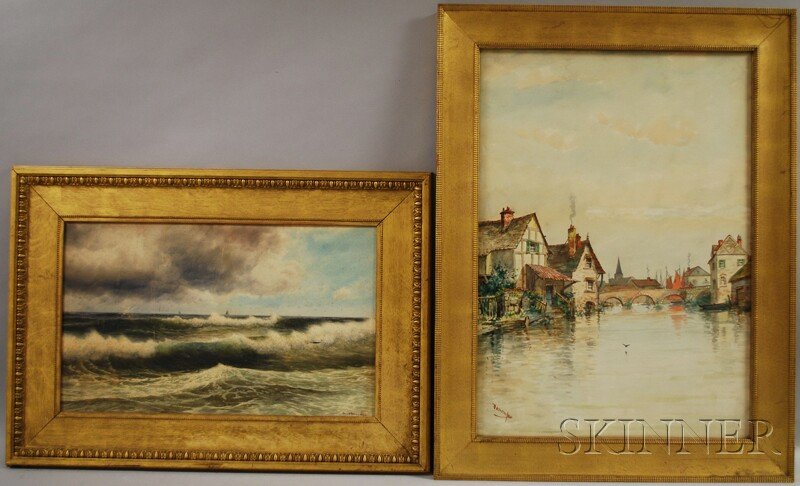 Two Framed Watercolors: George Howell Gay (1858-19: Two Framed Watercolors: George Howell Gay (1858-1931), Windblown Waves, signed "Geo. Howell Gay." l.r., sight size 13 1/2 x 22 1/4 in.; Continental School, 19th/20th Century, Village Scene with Rive
