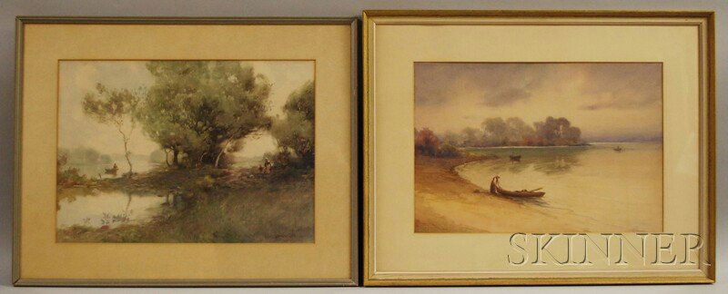 John Wesley Little (American, 1867-1923) Two Works: John Wesley Little (American, 1867-1923) Two Works: Shoreline with Woman at Her Boat and Wooded Lane beside Lake. Both signed "JW Little" l.l. or l.r. Watercolors on paper, sight si