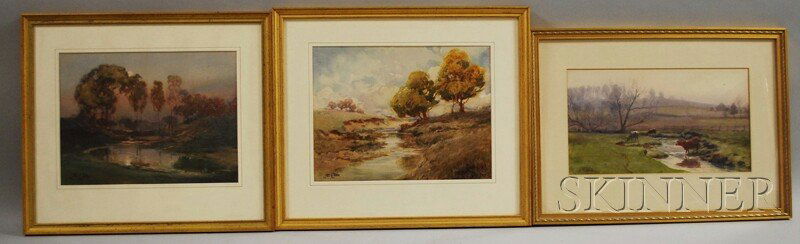 John Wesley Little (American, 1867-1923) Three Wat: John Wesley Little (American, 1867-1923) Three Watercolors: Moonrise, Cows Watering, and Stream. All signed "JW Little" l.l. Sight sizes to 9 1/4 x 13 1/4 in., all framed. Condition:
