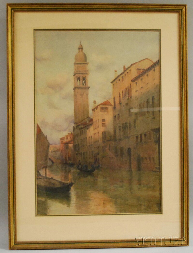 John Wesley Little (American, 1867-1923) Afterglow: John Wesley Little (American, 1867-1923) Afterglow Along a Venetian Canal. Signed "J. Wesley Little" l.l. Watercolor on paper, sight size 25 x 17 in., framed. Condition: Possible toning, not examine