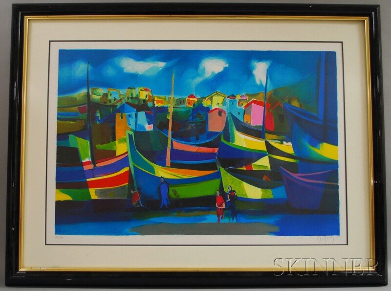 Marcel Mouly (French, 1918-2008) Harbor Scene. Sig: Marcel Mouly (French, 1918-2008) Harbor Scene. Signed "M. Mouly" l.r., numbered "43/275" l.l. Color lithograph, sight size 25 1/2 x 37 1/2 in., framed. Condition: Not examined out of frame.