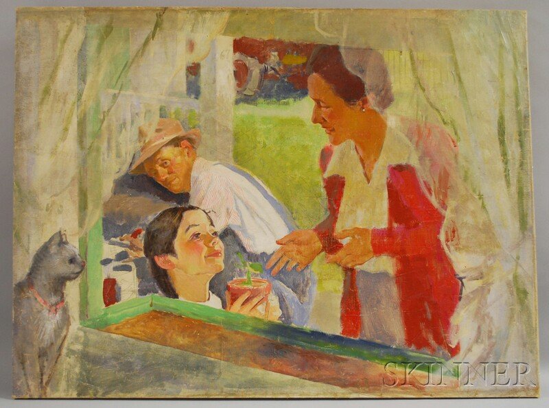 Edmund Franklin Ward (American, 1892-1991) The See: Edmund Franklin Ward (American, 1892-1991) The Seedling [an incomplete illustration; possibly the artist's house and family]. Unsigned, with an "Edmund F. Ward" estate stamp on the stretcher. Oil on