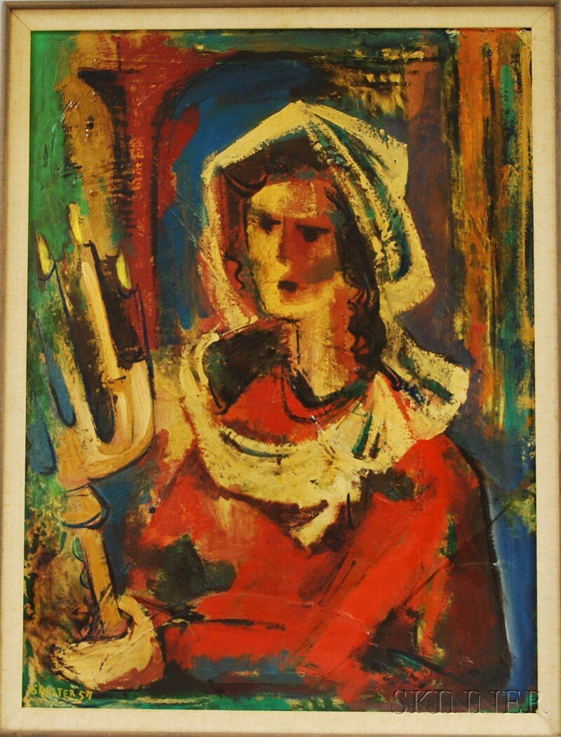 Leon Saulter (American, 1908-1986) Woman Holding a: Leon Saulter (American, 1908-1986) Woman Holding a Menorah. Signed and dated "L SAULTER 59" l.l. and l.r. Oil on panel, 30 x 22 1/2 in., framed. Condition: Minor paint loss to l.l. quadrant.