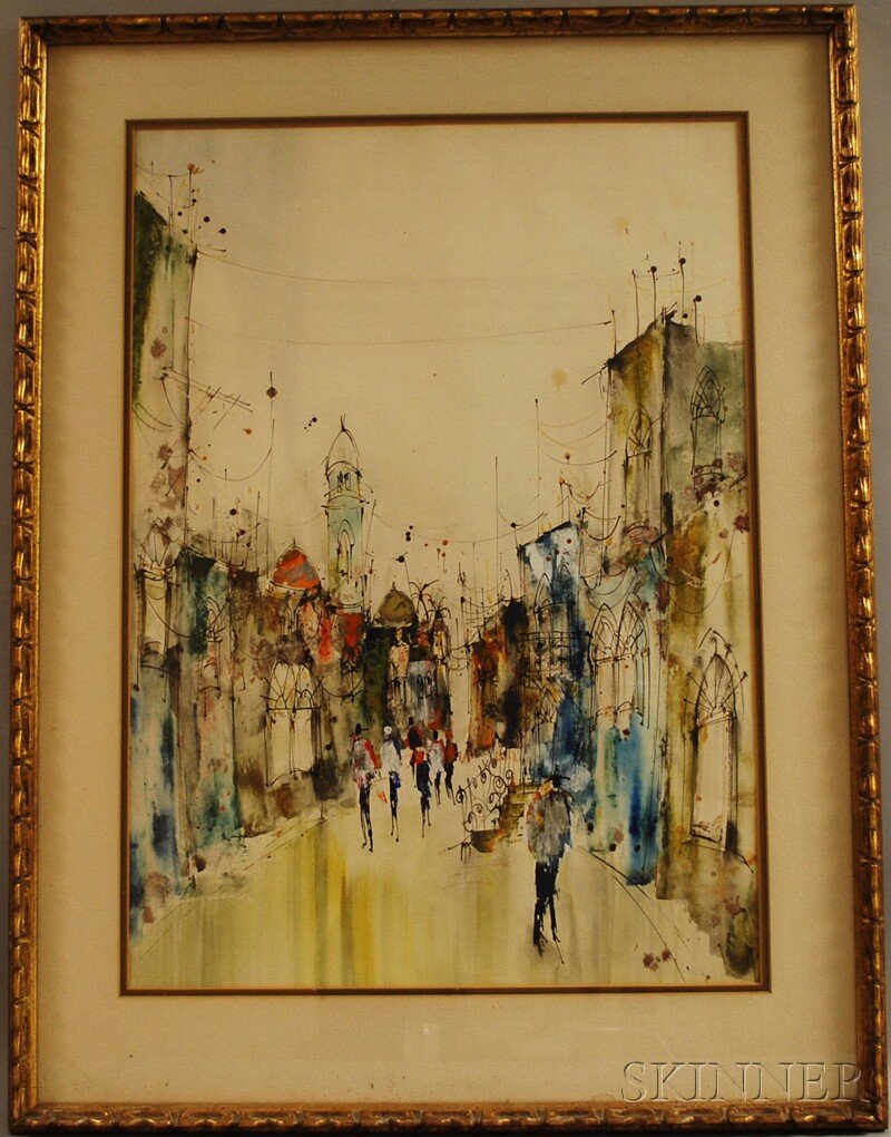 Ben Avram (Israeli, b. 1937) Courtyard in the Old: Ben Avram (Israeli, b. 1937) Courtyard in the Old City of Jerusalem. Unsigned, identified on a Safrai Art Gallery, Jerusalem, label on the reverse. Mixed media on paper, sight size 27 x 19 in., fra