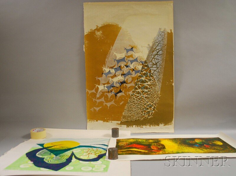 Three Unframed Works on Paper: James Burr (British: Three Unframed Works on Paper: James Burr (British, 20th Century), Sun Landscape, signed and dated "James Burr 1968" l.r., numbered "132/210" and titled l.l., color relief print, sheet size 31 1/4 x 2