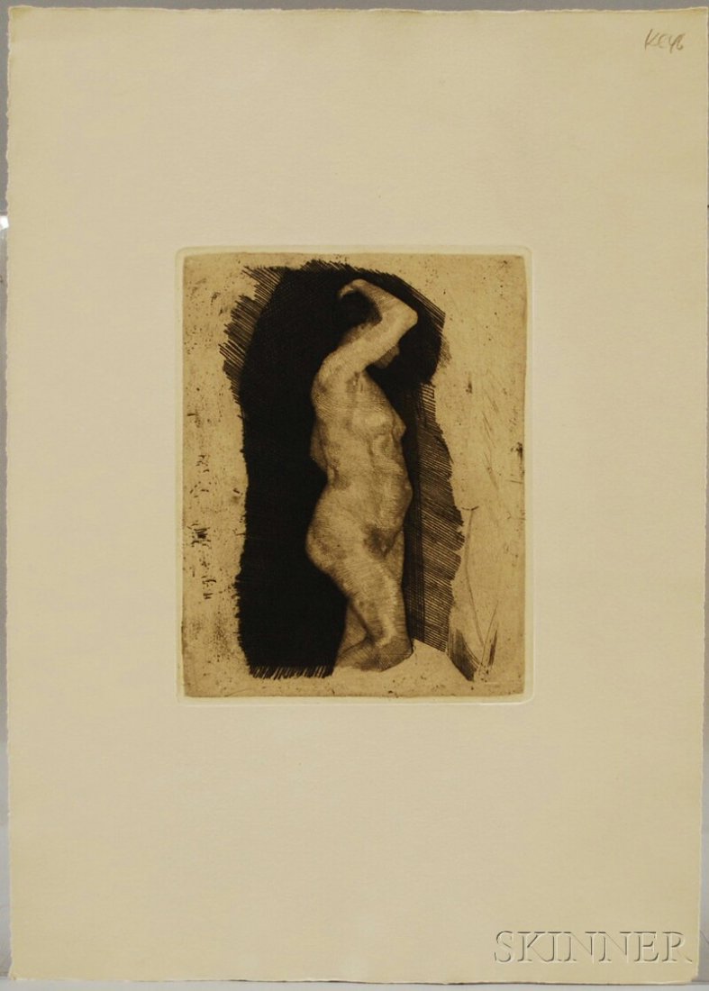 After Kathe Kollwitz (German, 1867-1945) Nude. Pos: After Kathe Kollwitz (German, 1867-1945) Nude. Posthumous impression from von der Becke edition. Etching, sheet size 15 x 10 5/8 in., unframed. Condition: Slight toning.