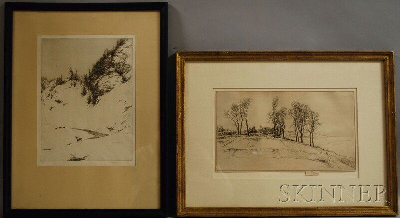 Kerr Eby (American, 1889-1946) Two Framed Landscap: Kerr Eby (American, 1889-1946) Two Framed Landscape Etchings: A Brittany Farm and Winter Landscape. Both signed "Kerr Eby..." l.r. Sight sizes to 13 x 14 in. Condition: One trimmed