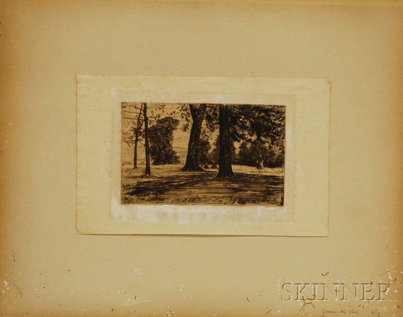 James Abbott McNeill Whistler (American, 1834-1903: James Abbott McNeill Whistler (American, 1834-1903) Greenwich Park, 1858 (Kennedy, 35). Etched signature l.l., accompanied by backing board mounted with paper label from Ernest Brown & Phillips, The L