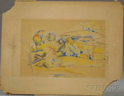 Attributed to Preston Dickinson (American, 1891-19: Attributed to Preston Dickinson (American, 1891-1930) Autumn Landscape. Unsigned. Graphite and gouache on paper mounted to paperboard, 12 3/4 x 16 1/2 in., unframed. Condition: Losses to board at l.r.