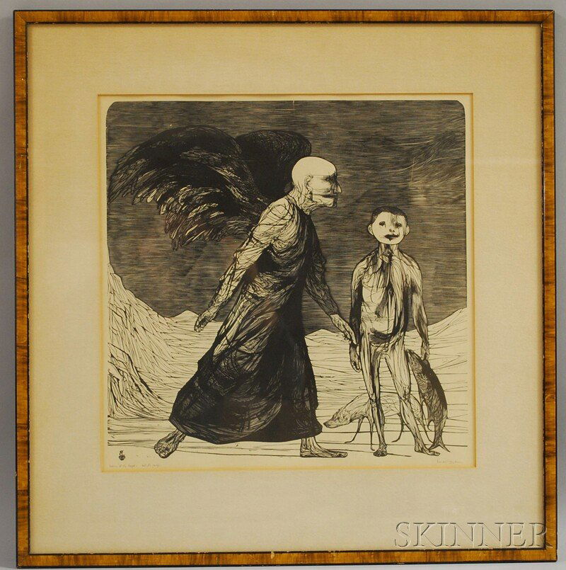 Leonard Baskin (American, 1922-2000) Tobias and th: Leonard Baskin (American, 1922-2000) Tobias and the Angel. Signed "Leonard Baskin" l.r. titled and numbered "artist's proof" l.l., monogrammed in the plate l.l. Woodcut on paper, sight size 15 1/2