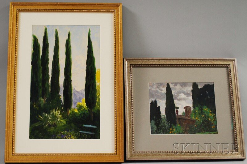 Frank Simon Hermann (American, 1866-1942) Two Oil: Frank Simon Hermann (American, 1866-1942) Two Oil on Paper Views with Cypress Trees. Both signed "F.S. Hermann" l.l. Sight sizes to 19 1/4 x 11 1/2 in., framed. Condition: Not examined out of frames