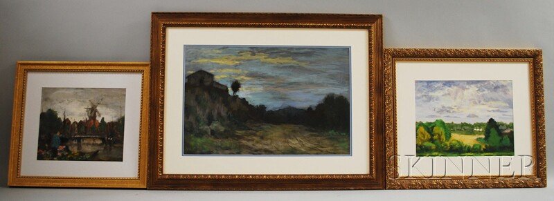 Frank Simon Hermann (American, 1866-1942) Three Oi: Frank Simon Hermann (American, 1866-1942) Three Oils on Paper: Two Landscapes and Dutch-style Windmill. Landscapes signed "FS Hermann" l.r., Windmill unsign