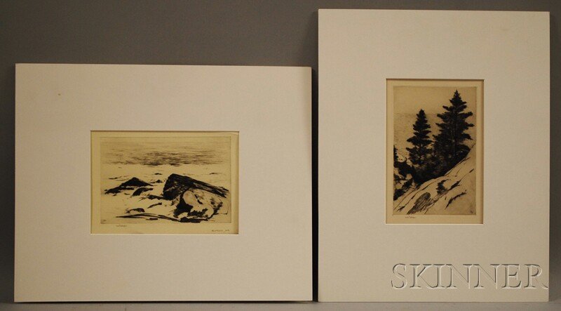 Sears Gallagher (American, 1869-1955) Two Works: R: Sears Gallagher (American, 1869-1955) Two Works: Restless Sea and Pines Along the Ocean. Both monogrammed and signed "Sears Gallagher" l.l. Etchings, sight sizes to 10 x 10 1/8 in.,