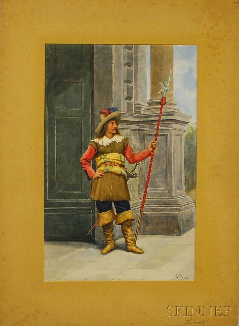 Achille Buzzi (Italian, 19th Century) The Watch.: Achille Buzzi (Italian, 19th Century) The Watch. Signed "A. Buzzi" l.l. Watercolor and gouache on paper, sight size 20 1/2 x 13 in., matted. Condition: Possible toning.