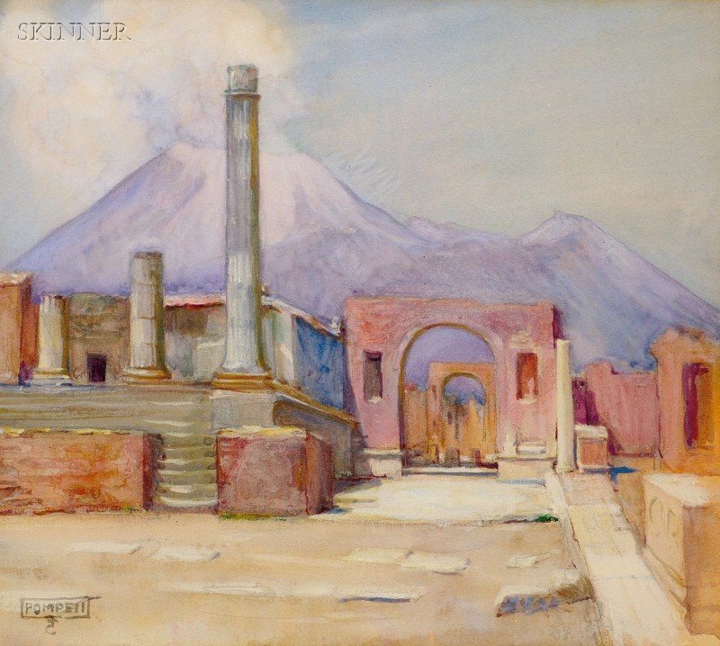 Eben Farrington Comins (American, 1875-1949) View: Eben Farrington Comins (American, 1875-1949) View of Pompeii. Titled and monogrammed l.l., identified on a label from the Farnsworth Museum of Art, Wellesley College, on the reverse. Watercolor, go