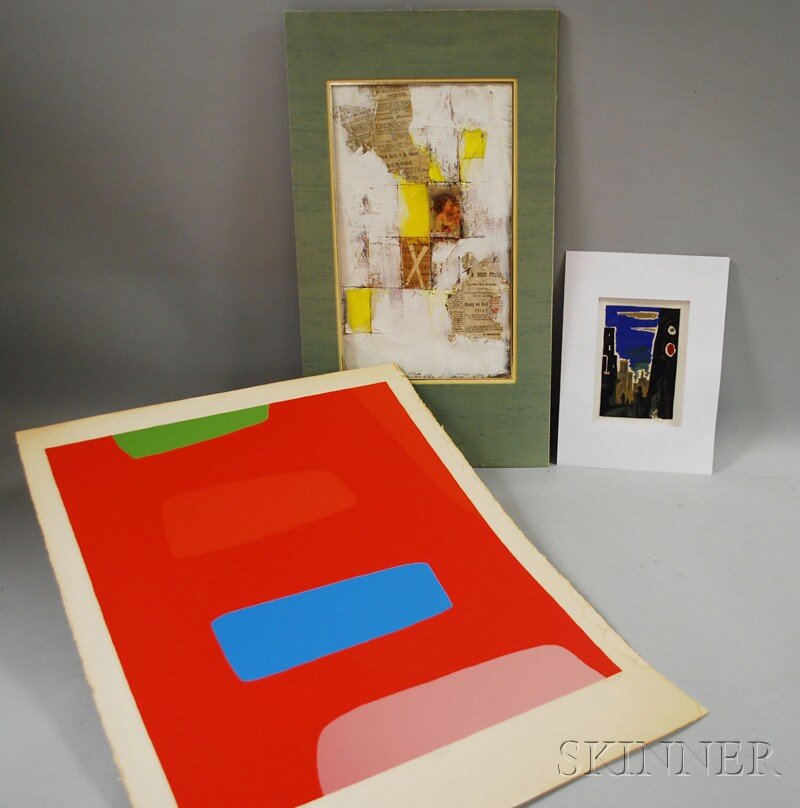 Three Works on Paper: Anthony Velonis (American, 1: Three Works on Paper: Anthony Velonis (American, 1911-1997), Citiscape, signed and dated "A. Velonis '41" l.r. and numbered "41/60" l.l., sheet size 7 x 4 3/4 in., matted, (trimmed); Sir Terry Frost (