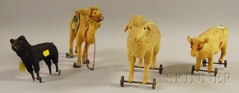 Four Cloth Animal Pull Toys, a sheep, camel, cow,: Four Cloth Animal Pull Toys, a sheep, camel, cow, and a black cat, (imperfections).