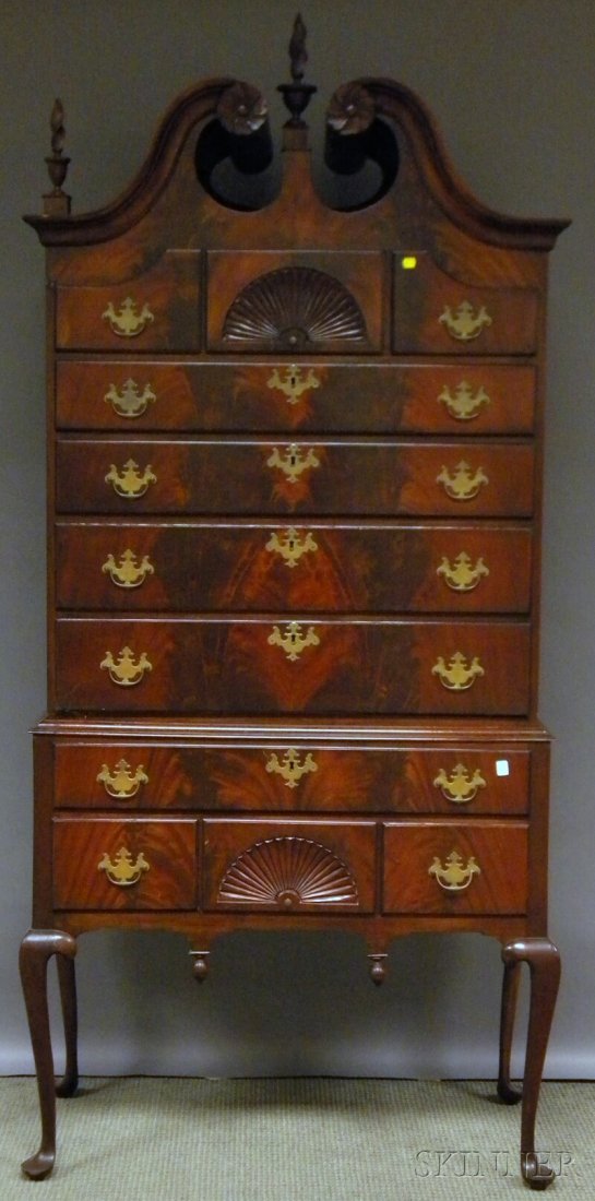 Queen Anne-style Carved Mahogany and Mahogany Vene: Queen Anne-style Carved Mahogany and Mahogany Veneer Bonnet-top Highboy, in two parts, approx. ht. 79, wd. 37 1/2 in.