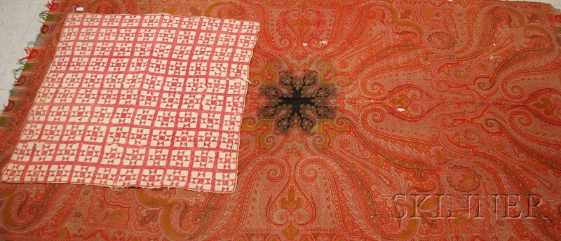 Hand-stitched Red and White Pieced Cotton Crib Qui: Hand-stitched Red and White Pieced Cotton Crib Quilt and a Paisley Shawl, quilt approx. 40 x 40 in., shawl approx. 5 x 10 ft.