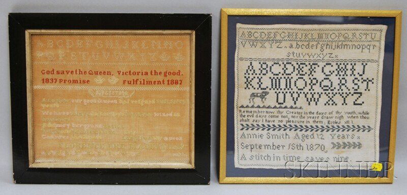 Two Framed Needlework Samplers, worked in silk thr: Two Framed Needlework Samplers, worked in silk threads on a linen ground, one stitched by "Annie Smith Aged 12 Years September 18th 1870," in blue threads on a white ground, 12 x 11 3/4; the other pro
