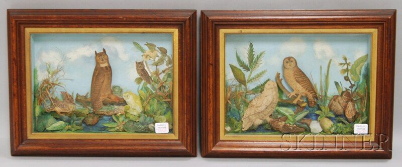 Two Framed Dioramas with Lithograph Owl Groups, wi: Two Framed Dioramas with Lithograph Owl Groups, with cut-out lithographed figures and foliage, with applied wood and dried grasses on a painted wood background, 9 x 12 1/2 in., in matching deep molded