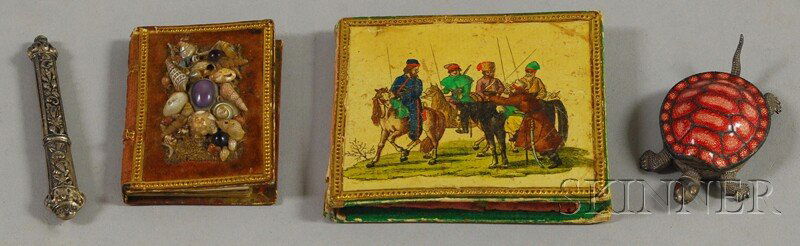 Four Small 19th Century German and European Articl: Four Small 19th Century German and European Articles, a lithographed paper, silk, and cloth needle case, miniature jeweled and seashell-encrusted velvet-clad paper-bound 1854 "Kalender" book with inte