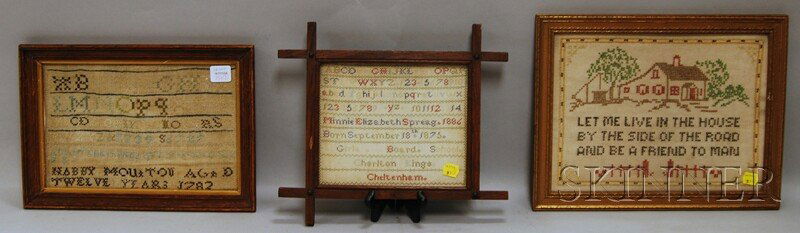 Three Small Framed Needlework Samplers, worked in: Three Small Framed Needlework Samplers, worked in silk threads on a linen ground, one with rows of alphabets stitched by "Nabby Moulton Aged Twelve Years 1782," one English by "Minnie Elizabeth Spreag