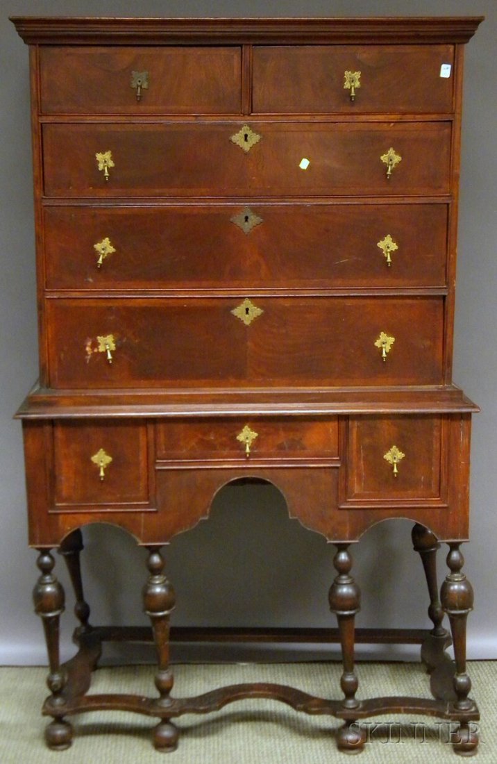 William & Mary-style Walnut Veneer Flat-top Highbo: William & Mary-style Walnut Veneer Flat-top Highboy, in two parts, approx. ht. 64 1/4, wd. 40 in. Provenance: Wedding gift from Kenneth Murdoch.