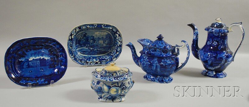 Five Pieces of English Dark Blue Transfer-decorate: Five Pieces of English Dark Blue Transfer-decorated Staffordshire Tableware, a coffeepot, T. Mayer teapot, a covered sugar bowl, a Riley serving bowl, and a small platter.